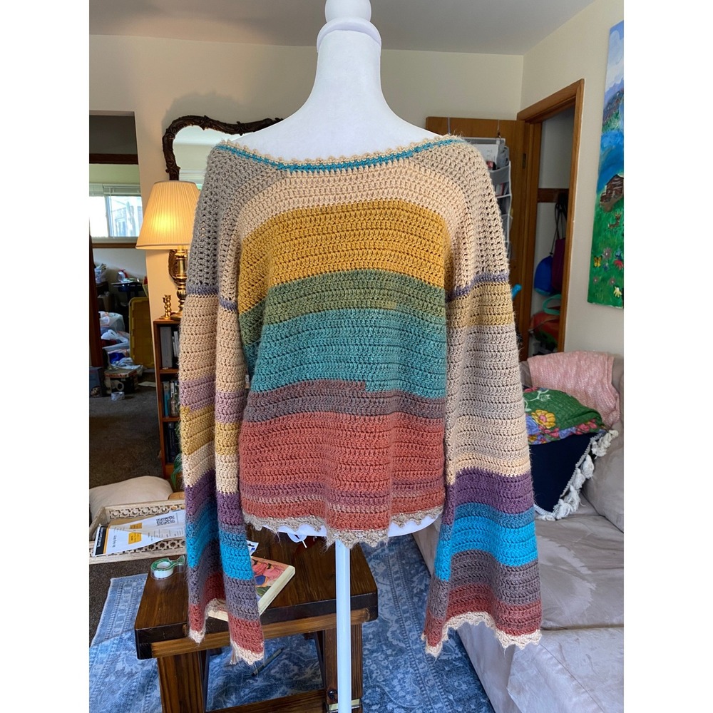 Handmade Crochet Striped Bell Sleeve Sweater Medium Boho Hippie Whimsy Cottage - Picture 2 of 4